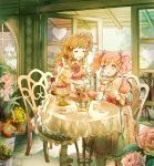  2girls :o ^_^ ^o^ aikatsu! aikatsu!_(series) amahane_madoka apron asymmetrical_bangs bangs basket blue_eyes bow cake cake_stand chair closed_eyes club_(shape) cup dessert diamond_(shape) door dress drink fence floral_print flower flower_basket flower_request food fork hair_bow heart holding holding_cup holding_teapot icing indoors loafers long_hair mocha_(mokaapolka) multiple_girls one_side_up oozora_akari open_door open_mouth orange_hair pink_bow pink_dress pink_flower pink_hair pink_rose plate red_flower red_rose rose shoes side_ponytail smile table tea tea_party teacup teapot thighhighs twintails vase wavy_hair 