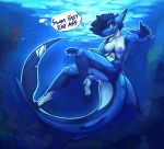  bandage black_hair breasts dialogue female fish hair jewelry kawfee marine necklace nipples nude red_eyes shark thick_tail thick_thighs underwater water 