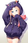  1girl abigail_williams_(fate/grand_order) bangs black_jacket blonde_hair blue_eyes blush bow breasts drawstring fate/grand_order fate_(series) forehead highres hood hood_up hooded_jacket jacket long_hair long_sleeves looking_at_viewer onsoku_inu orange_bow parted_bangs polka_dot simple_background sleeves_past_fingers sleeves_past_wrists small_breasts smile solo stuffed_animal stuffed_toy teddy_bear thighs tokitarou_(fate/grand_order) white_background 