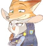  2017 anthro canid canine clothed clothing crossed_arms disney duo female fox fur green_eyes hand_on_shoulder hi_res hogyapo judy_hopps lagomorph leporid male mammal nick_wilde open_mouth open_smile police_uniform purple_eyes rabbit simple_background size_difference smile uniform white_background zootopia 
