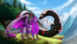  2019 asian_mythology claws day detailed_background digital_media_(artwork) dragon east_asian_mythology eastern_dragon eye_contact feral grass hair hi_res horn looking_at_another membrane_(anatomy) membranous_wings mythology natsuakai outside purple_hair red_eyes scalie sky tree western_dragon wings 