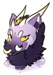  2017 ambiguous_gender anthro damian_(maim) demon facial_piercing fangs fur half-closed_eyes hi_res horn hyaenid maim mammal mane monster nose_piercing nose_ring piercing purple_body purple_fur purple_tongue simple_background solo spotted_hyena tongue tongue_out tusks yellow_eyes 