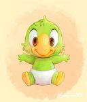  2019 4_fingers aged_down anthro avian baby beak bird brown_eyes cheek_tuft diaper disney facial_tuft feathers fingers front_view full-length_portrait green_body green_feathers head_tuft jos&eacute;_carioca kurokuma824 looking_at_viewer parrot portrait simple_background sitting smile solo the_three_caballeros tuft yellow_beak young 