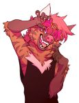  2017 5_fingers ac ambiguous_gender anthro aycee brown_body brown_fur cheek_tuft chest_tuft claws clothed clothing eyewear facial_tuft fangs fingerless_(marking) fingers fluffy front_view fur glasses hair hi_res hyaenid looking_at_viewer mammal open_mouth pink_hair pink_nose red_eyes roanoak simple_background smile solo striped_hyena tongue tuft white_background white_body white_fur 