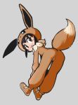  1girl ass bangs black_hair blush brown_eyes cameltoe cosplay eevee eevee_(cosplay) grey_background hands_on_own_knees highres kigurumi notepaddy poke_kid_(pokemon) pokemon pokemon_(game) pokemon_swsh presenting shoes simple_background solo tail tongue tongue_out 