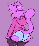  2019 anthro big_butt butt clothed clothing felid feline fluffyfrumples fur looking_at_viewer looking_back male mammal purple_body purple_fur short_stack signature simple_background smile solo underwear undressing yellow_sclera 