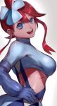  1girl :d absurdres arched_back back blue_eyes breasts crop_top densen_(itoguchi) elbow_gloves from_side fuuro_(pokemon) gloves gym_leader hair_between_eyes hair_ornament hand_on_hip highres long_sleeves looking_at_viewer open_mouth pokemon pokemon_(game) pokemon_bw red_hair short_hair_with_long_locks sidelocks smile stomach suspenders turtleneck upper_body 