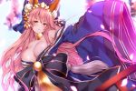  1girl animal_ear_fluff animal_ears bangs bare_shoulders blue_kimono blush breasts cleavage closed_mouth detached_collar fate/extra fate_(series) fox_ears fox_girl hair_between_eyes hair_ornament highres japanese_clothes jewelry kimono large_breasts long_hair long_sleeves looking_at_viewer neck_ring off_shoulder petals pink_hair sash sidelocks smile solo tamamo_(fate)_(all) tamamo_no_mae_(fate) tassel very_long_hair wide_sleeves xayux yellow_eyes 