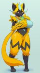  anthro bandanna big_breasts blep blue_tongue blush bra breasts clade clothing female hi_res legendary_pok&eacute;mon looking_at_viewer nintendo open_mouth pok&eacute;mon pok&eacute;mon_(species) rainbow_symbol smile solo standing tongue tongue_out underwear video_games zeraora 