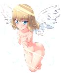  1girl angel angel_wings bangs barefoot blonde_hair blue_eyes blush breasts closed_mouth commentary covering covering_breasts dated eyebrows_visible_through_hair fang feathers floating full_body girls_und_panzer highres katyusha kuzuryuu_kennosuke leaning_forward legs_up light light_censor light_particles looking_at_viewer short_hair simple_background small_breasts smile solo thigh_gap twitter_username white_background white_wings wings 