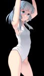  1girl armpits arms_up bangs black_background blue_eyes blue_hair blunt_bangs breasts cowboy_shot eyebrows_visible_through_hair highres long_hair looking_at_viewer masao one-piece_swimsuit original profile school_swimsuit small_breasts solo swimsuit white_school_swimsuit white_swimsuit 