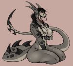  abs anthro areola big_breasts black_body bodily_fluids breasts claws digital_media_(artwork) female hair hi_res invalid_tag lactating long_hair milk nipples nude ponytail reptile saltyserpent scalie simple_background smile snake solo spikes thick_thighs tongue zird 
