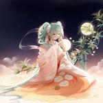 1girl absurdres aqua_eyes aqua_hair black_sky bug butterfly chinese_clothes chuushuu_meigetsu_miku closed_eyes commentary fan flower full_moon hagoromo hair_flower hair_ornament hatsune_miku highres holding holding_fan insect long_hair looking_down moon night night_sky paper_fan plant red_skirt see-through shawl sitting skirt sky sleeves_past_fingers sleeves_past_wrists smile snow_bunny solo star_(sky) stuko tassel twintails uchiwa very_long_hair vocaloid wide_sleeves 