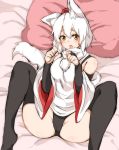  1girl absurdres animal_ear_fluff animal_ears bare_shoulders black_legwear black_panties blush bridal_gauntlets detached_sleeves fang folded hat highres houkai_(collapse_illust) inubashiri_momiji no_pants on_bed open_mouth panties paw_pose pillow pom_pom_(clothes) short_hair solo spread_legs tail thighhighs tokin_hat touhou underwear white_hair wide_sleeves wolf_ears wolf_tail yellow_eyes 