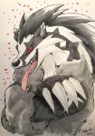  2019 ambiguous_gender anthro black_body black_fur black_markings bust_portrait claws crossed_arms fangs flabbyotter fur grey_body grey_fur hi_res looking_at_viewer markings nintendo obstagoon open_mouth pok&eacute;mon pok&eacute;mon_(species) portrait red_eyes side_view signature simple_background solo three-quarter_view tongue tongue_out traditional_media_(artwork) tuft video_games white_background white_body white_fur 