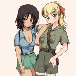  2girls aimai_(luckyfive) aoshidan_school_uniform arm_behind_back bangs beige_background belt black_belt black_hair blonde_hair blue_eyes blue_shirt blunt_bangs blush breasts brown_belt brown_shirt brown_skirt cleavage closed_mouth collared_shirt commentary dark_skin el_(girls_und_panzer) elbow_on_another&#039;s_shoulder girls_und_panzer green_eyes green_skirt hair_intakes hair_ribbon hand_on_hip head_tilt koala_forest_military_uniform large_breasts light_frown looking_at_viewer medium_hair military military_uniform miniskirt multiple_girls partially_unbuttoned pleated_skirt ponytail red_ribbon ribbon sam_browne_belt school_uniform shirt short_sleeves side-by-side simple_background skirt smile standing suspender_skirt suspenders uniform wallaby_(girls_und_panzer) 