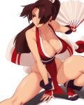  1girl :d bare_shoulders black_legwear breasts brown_eyes brown_hair cleavage fan fatal_fury feguimel gloves groin holding holding_fan loincloth long_hair open_mouth red_gloves revealing_clothes shiranui_mai sleeveless smile solo squatting the_king_of_fighters 