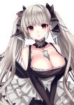  1girl azur_lane bangs bare_shoulders black_ribbon breasts cleavage closed_mouth collarbone detached_collar dress eyebrows_visible_through_hair formidable_(azur_lane) frilled_dress frills hair_ribbon hakusai_ponzu large_breasts long_hair looking_at_viewer maid red_eyes ribbon silver_hair simple_background solo twintails v_arms very_long_hair white_background 