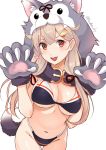  1girl bikini black_bikini black_ribbon blonde_hair breasts claws cowboy_shot gloves hair_flaps hair_ornament hair_ribbon hairclip highleg highleg_bikini highleg_swimsuit highres kanden_suki kantai_collection leaning_forward long_hair looking_at_viewer medium_breasts paw_gloves paw_pose paws red_eyes remodel_(kantai_collection) ribbon simple_background solo swimsuit tail thigh_gap white_background wolf_hood wolf_tail yuudachi_(kantai_collection) 