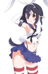  1girl armpits arms_up black_hair black_panties blue_skirt blush brown_eyes commentary cosplay cowboy_shot elbow_gloves gloves hair_ribbon hands_in_hair highleg highleg_panties highlights humboldt_penguin_(kemono_friends) ilyfon133 kantai_collection kemono_friends leaning_forward looking_at_viewer microskirt midriff multicolored_hair navel open_mouth panties penguin_tail pink_hair pleated_skirt red_legwear ribbon sailor_collar shimakaze_(kantai_collection) shimakaze_(kantai_collection)_(cosplay) shirt short_hair simple_background skindentation skirt sleeveless sleeveless_shirt solo standing string_panties striped striped_legwear tail thighhighs underwear white_background white_gloves white_ribbon white_shirt 