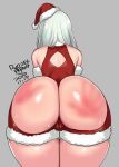  1girl agawa_ryou ass ass_focus back_cutout backless_outfit blue_eyes cameltoe christmas commentary dated detached_sleeves english_commentary fur_trim hair_over_shoulder hand_print hat legs_together medium_hair mini_hat santa_costume santa_hat signature silver_hair slap_mark solo spanked sweat thong 