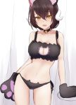  1girl animal_ears azur_lane bangs bare_shoulders bell bell_choker black_bra black_choker black_hair black_panties blush bra breasts cat_cutout cat_ears cat_lingerie cat_paws choker cleavage_cutout collarbone commentary_request contrapposto cowboy_shot curtains eyebrows_visible_through_hair fake_animal_ears fang hair_between_eyes highres horns large_breasts looking_at_viewer meme_attire mikasa_(azur_lane) navel open_mouth panties paws shirazawa short_hair side-tie_panties skin_fang smile solo standing stomach underwear yellow_eyes 