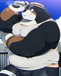 anthro belly black_body black_fur brown_body brown_fur canid canine canis cigarette claws clothed clothing domestic_dog fur hat headgear headwear hi_res hinami holding_object male mammal moobs outside overweight overweight_male smile smoke smoking solo white_body white_fur 