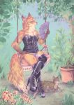  bow canid canine clothing corset detailed_background domestic_cat eneeku felid feline felis female feral footwear fox fred girly hand_fan hand_on_hip hi_res high_heels leaf leather lights lilou lingerie lying male mammal outside panties plant shoes sitting smile swing tree underwear 