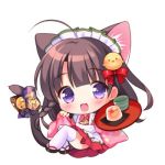  1girl :d ahoge animal_ear_fluff animal_ears apron bell bird_hair_ornament black_footwear blush bow brown_hair cat_ears cat_girl cat_tail chibi cup floral_print food full_body hair_bow hair_ornament holding holding_tray japanese_clothes jingle_bell kimono long_hair lowres maid_apron maid_headdress open_mouth original pinching_sleeves pink_kimono piyodera_mucha pleated_skirt print_bow pudding purple_bow purple_eyes red_bow red_skirt simple_background skirt sleeves_past_wrists smile solo tail tail_bell tail_bow thighhighs tray very_long_hair wa_maid white_apron white_background white_legwear wide_sleeves 