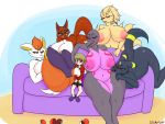  2019 4:3 age_difference anthro areola big_breasts big_butt blush breasts butt cinderace clothing curvy_figure digital_media_(artwork) eeveelution eyelashes female hi_res human male mammal nickit ninetales nintendo nipples nude older_female pok&eacute;mon pok&eacute;mon_(species) salazzle size_difference slickerwolf thick_thighs tongue umbreon video_games voluptuous wide_hips young younger_male 