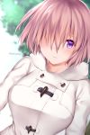  1girl absurdres blurry blurry_background blush breasts buttons closed_mouth fate/grand_order fate_(series) hair_over_one_eye highres hood hooded_jacket jacket large_breasts lavender_hair long_sleeves looking_at_viewer mash_kyrielight purple_eyes short_hair smile solo white_jacket xayux 
