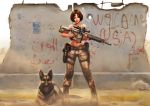  1girl ;q absurdres blue_eyes breasts brown_hair dog gun highres holding holding_gun holding_weapon jungon_kim medium_breasts military navel one_eye_closed original rifle short_hair solo tongue tongue_out weapon 