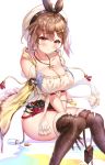  :t aaeru atelier_(series) atelier_ryza bangs bare_shoulders belt beret between_legs black_ribbon blush boots breasts brown_footwear brown_hair cleavage closed_mouth collarbone eyebrows_visible_through_hair hair_ornament hairclip hand_between_legs hat hat_ribbon highres jewelry large_breasts looking_at_viewer micro_shorts necklace pen pout red_shorts reisalin_stout ribbon shirt short_hair shorts simple_background star star_necklace test_tube thigh_boots thighhighs thighhighs_under_boots wavy_mouth white_background white_headwear white_legwear white_shirt 