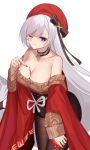  1girl ;) aran_sweater arm_support arm_under_breasts azur_lane belfast_(azur_lane) belfast_(shopping_with_the_head_maid)_(azur_lane) beret black_skirt blush breast_hold breasts brown_sweater choker cleavage collarbone earrings eternity_(pixiv8012826) food hand_up hat high-waist_skirt highres holding holding_food hoop_earrings jewelry large_breasts leaning_forward long_hair looking_at_viewer mouth_hold off-shoulder_sweater off_shoulder one_eye_closed pocky pointing silver_hair simple_background skirt smile solo sweater white_background 