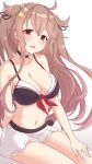  1girl :d alternate_costume bare_shoulders bikini bikini_skirt black_choker blush breasts brown_eyes choker cleavage collarbone eyebrows_visible_through_hair gradient_hair hair_flaps hair_ornament hair_ribbon hand_on_own_thigh head_tilt heterochromia highres kantai_collection light_brown_hair long_hair looking_at_viewer medium_breasts multicolored_hair murasame_(kantai_collection) navel open_mouth red_eyes remodel_(kantai_collection) ribbon simple_background sitting smile solo stomach swimsuit thighs twinameless twintails two_side_up white_background 