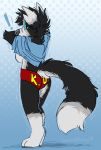  ! anthro black_body black_fur blue_eyes canid canine clothing crownedvictory female fur hi_res invalid_tag looking_at_viewer mammal shirt sketch solo stippling t-shirt topwear underwear undressing white_body white_fur 