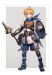  1boy ahoge belt blonde_hair blue_eyes broken broken_sword broken_weapon commentary fantasy full_body gloves highres holding holding_shield holding_sword holding_weapon knee_pads kuroi_susumu male_focus original shield shorts simple_background solo sweatdrop sword weapon 