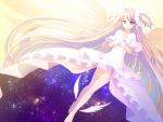  1girl absurdly_long_hair atsukan beige_background breasts choker collarbone dress dutch_angle eyebrows_visible_through_hair floating_hair frilled_dress frills full_body galaxy gloves gradient gradient_background half-closed_eyes hands_clasped happy highres kaname_madoka legs_together long_dress long_hair looking_away mahou_shoujo_madoka_magica orange_background own_hands_together pink_hair pink_legwear polka_dot polka_dot_background ribbon ribbon_hair shiny shiny_hair sidelocks simple_background sky small_breasts smile solo star_(sky) starry_sky starry_sky_print straight_hair thighhighs two_side_up ultimate_madoka very_long_hair white_background white_choker white_dress white_gloves white_neckwear white_ribbon wide_sleeves wings yellow_background yellow_eyes zettai_ryouiki 