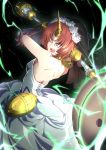  1girl :o angry bangs bare_back bare_shoulders black_veil blue_eyes breasts chaton_(m-u-chaton8812) commentary_request dress elbow_gloves electricity fate/apocrypha fate_(series) flower frankenstein&#039;s_monster_(fate) gloves hair_flower hair_ornament heterochromia highres holding holding_weapon horn long_dress looking_at_viewer mace parted_bangs pink_hair rose short_hair sleeveless sleeveless_dress small_breasts solo veil weapon white_dress white_flower white_gloves white_rose yellow_eyes 