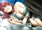  2girls bed blush brave_witches breasts brown_hair cleavage clenched_hand closed_eyes collarbone eyebrows_visible_through_hair hosoinogarou karibuchi_hikari karibuchi_takami large_breasts long_hair lying multiple_girls nightgown no_bra on_bed on_side panties parted_lips pillow pov shiny shiny_hair sleeping small_breasts teeth thighs underwear white_panties world_witches_series 
