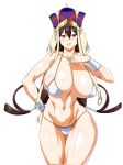  1girl bangs bare_shoulders bikini blush breasts brown_hair cleavage collarbone earrings fate/grand_order fate_(series) hair_between_eyes hand_on_hip hat headdress highres hoop_earrings huge_breasts jewelry long_hair looking_at_viewer low-tied_long_hair navel oneone1 parted_lips red_eyes shiny shiny_skin simple_background smile solo swimsuit white_background white_bikini xuanzang_(fate/grand_order) 