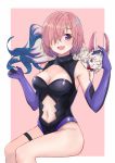  1girl :d bare_shoulders black_leotard border breasts cleavage cleavage_cutout creature creature_on_shoulder elbow_gloves fate/grand_order fate_(series) flower fou_(fate/grand_order) gloves hair_flower hair_ornament highres invisible_chair itachi_kanade leotard mash_kyrielight medium_breasts navel navel_cutout open_mouth petting pink_background pink_hair purple_eyes purple_gloves short_hair simple_background sitting smile thigh_strap thighs white_border 