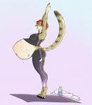  2019 anthro belly big_belly bodily_fluids bottle breasts breath brown_body brown_fur cheetah cloth clothed clothing decent. digitigrade exhausted felid feline female fur hair hi_res mammal navel outie_navel pregnant red_hair solo spots spotted_body spotted_fur sweat yoga 