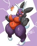  anthro anthrofied big_breasts black_body black_fur blush blush_stickers breasts bunny_costume cleavage clothed clothing costume curvy_figure fake_ears female fishnet fishnet_legwear footwear fur hi_res legwear mammal morpeko morpeko_(hangry_mode) nintendo ocaritna overweight overweight_female pok&eacute;mon pok&eacute;mon_(species) pok&eacute;morph purple_body purple_fur red_eyes rodent shoes short_stack simple_background solo surprise thick_thighs video_games voluptuous wide_hips 