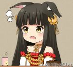  1girl animal_ear_fluff animal_ears azur_lane bangs bare_shoulders black_hair blush collarbone commentary_request cup detached_sleeves dress eyebrows_visible_through_hair fox_ears hair_ornament long_hair miicha nagato_(azur_lane) open_mouth pleated_dress red_dress solo steam strapless strapless_dress tears twitter_username upper_body wavy_mouth white_sleeves yellow_eyes yunomi 
