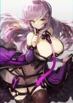  1girl bangs bare_shoulders black_legwear breasts cleavage detached_sleeves dress earpiece eyebrows_visible_through_hair frills goomrrat highres long_hair looking_at_viewer navel original purple_hair see-through solo thighhighs very_long_hair yellow_eyes 