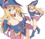  1girl bare_shoulders blonde_hair blue_footwear blush blush_stickers boots breasts choker cleavage commentary_request dark_magician_girl detached_sleeves duel_monster full_body green_eyes hair_between_eyes hat large_breasts long_hair looking_at_viewer multiple_views shiseki_hirame simple_background smile staff white_background wizard_hat yuu-gi-ou 