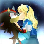  1:1 anthro black_body black_fur blonde_hair blue_clothing clothing duo eulipotyphlan eyes_closed fannfare female fur gloves hair handwear hedgehog human kissing kissing_cheek male male/female mammal maria_robotnik red_body red_eyes red_fur shadow_the_hedgehog sonic_the_hedgehog_(series) surprise 