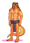  2018 bare_chest biped claws clothed clothing digital_media_(artwork) dragonborn ear_fins fin gold_body hi_res horn jincrath_talmaar loincloth male muscular muscular_male rml standing topless yellow_eyes 