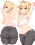  1girl absurdres ahoge armpits arms_behind_head arms_up ass backboob bangs bare_shoulders black_pants blonde_hair blush braid breasts breath cameltoe cleavage closed_mouth collarbone contrapposto cowboy_shot eyebrows_visible_through_hair eyelashes fate/extra fate/grand_order fate_(series) french_braid from_behind green_eyes groin hair_between_eyes hair_bun heart_cutout highres huge_filesize kuavera large_breasts looking_at_viewer multiple_views navel nero_claudius_(fate) nero_claudius_(fate)_(all) paid_reward pants patreon_reward shoulder_blades sideboob sidelocks smile standing stomach thighhighs underboob white_background yoga_pants 